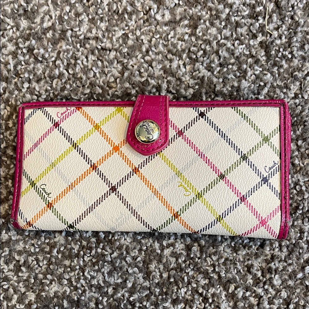 Coach Plaid Wallet with Pink Accent